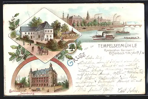 Lithographie Offenbach a. M., Gruss von der Tempelseemühle, Restauration Herrmann, Flusspartie, Schloss Isenburg