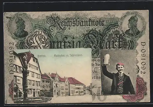 AK Bretten, Marktplatz mit Schillerhaus, Ansicht auf Geldschein, Fröhlicher Student