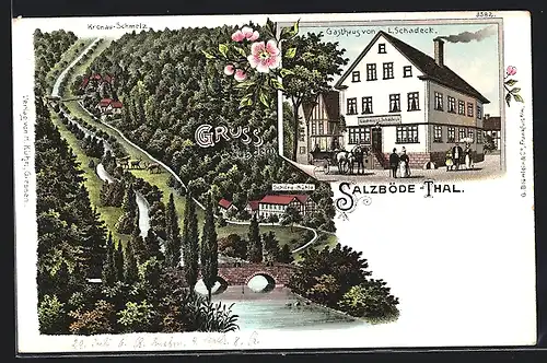 Lithographie Salzböde-Thal, Gasthaus von L. Schadeck, Schöne Mühle