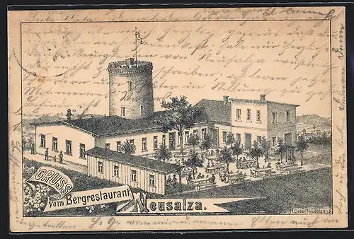 Lithographie Neusalza, Bergrestaurant aus der Vogelschau