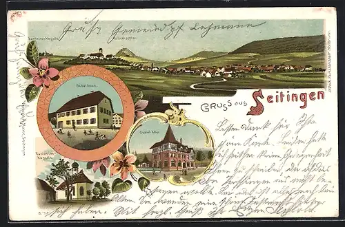 Lithographie Seitingen, Gasthof Adler, Schulhaus, Eustasius-Kapelle