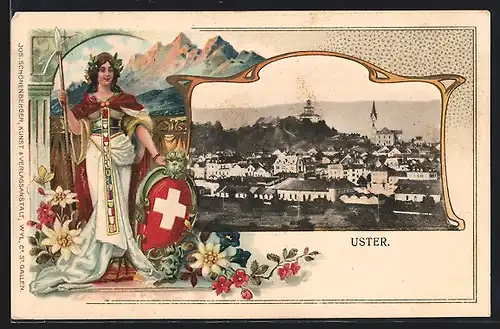 Passepartout-Lithographie Uster, Ortsansicht aus der Vogelschau, Helvetia mit Wappenschild