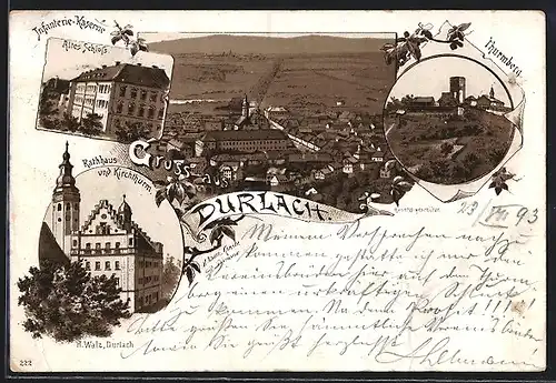 Vorläufer-Lithographie Durlach, 1893, Infanterie-Kaserne, Rathaus und Kirchturm, Thurmberg