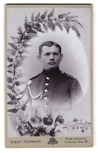Fotografie Albert Herrmann, Karlsruhe, junger Soldat der Artillerie in Uniform, Passepartout mit Kaiser Wilhelm I+II