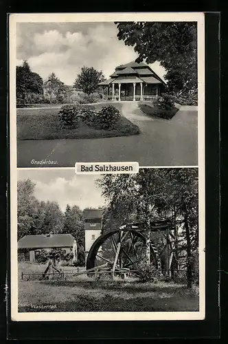 AK Bad Salzhausen, Parkanlagen am Gradierbau, am Wasserrad