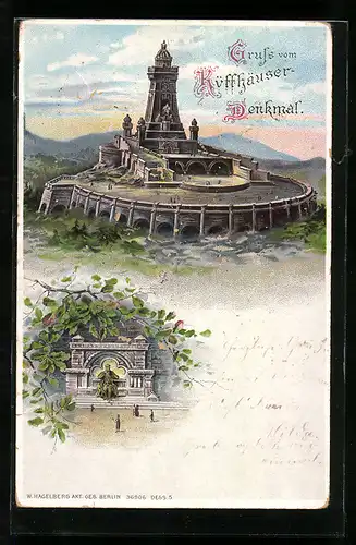 Künstler-AK Bad Frankenhausen, Das Kyffhäuserdenkmal mit Besuchern