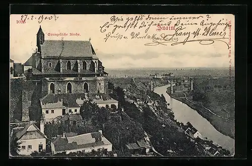 AK Znaim, Ortsansicht mit Evengelischer Kirche und Viadukt