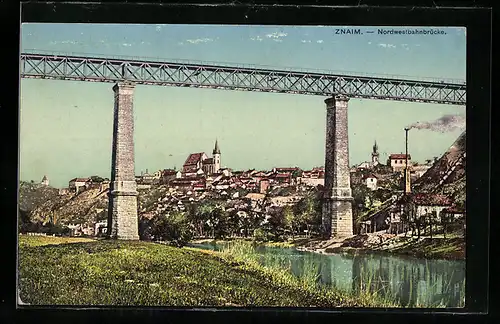 AK Znaim, Stadtansicht mit der Nordwestbahnbrücke