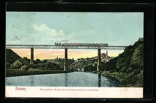 AK Znaim, Nordwestbahn-Brücke über die Thaya mit Blick auf die Stadt