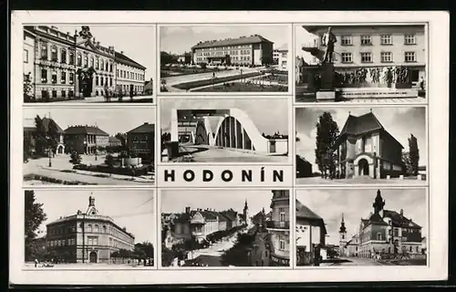 AK Hodonin, Ortsansichten, Brücke, Strassenpartie, Denkmal und Kirche
