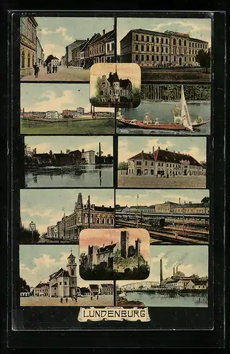 AK Lundenburg, Strassenpartie, Bahnhof, Kirche, Brücke