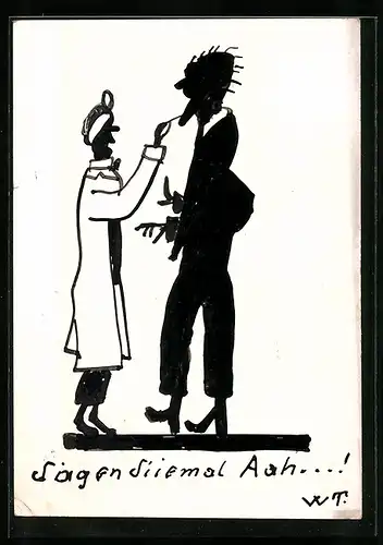 Künstler-AK Handgemalt: Arzt untersucht den Rachen eines Patienten