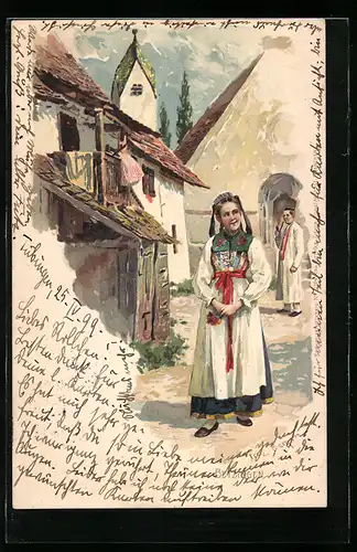 Künstler-Lithographie Fritz Bergen: Betzingen, Paar in Tracht