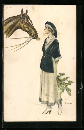 Künstler-AK Bianchi: schöne Frau mit einem Pferd