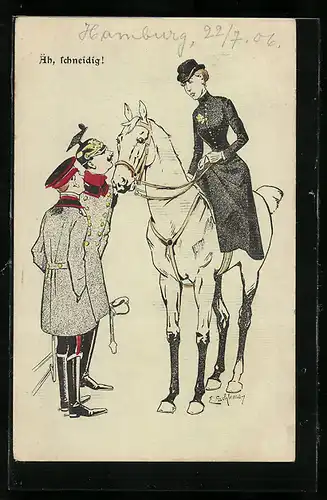 Künstler-AK Ernst Schlemo: Offiziere bewundern eine Dame zu Pferd