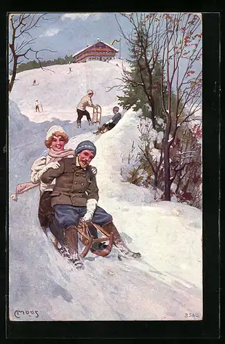 Künstler-AK Carl Moos: Unterkunftshaus am Blomberg, Paar fährt bergab auf dem Schlitten