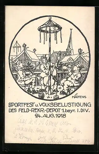 Künstler-AK Sportfest und Volksbelustigung des Feld-Rekr.-Depot 1. bayr. I. Div. am 24. August 1918