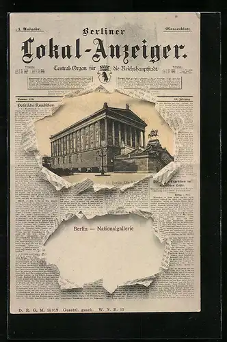 Zeitungs-AK Berlin, Ansicht der Nationalgallerie auf dem Titelblatt des Berliner Lokal-Anzeiger