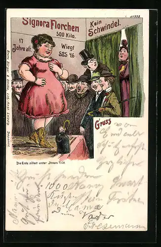 Lithographie Besucher eines Volksfestes betrachten Signora Florchen