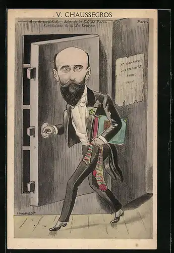 Künstler-AK sign. Jean Robert: V. Chaussegros in elegantem Anzug mit Buch unter dem Arm, Ano de la KKK, Esperanto