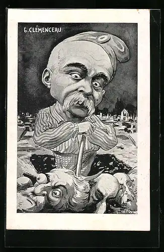 Künstler-AK sign. G. Lion: Französischer Politiker G. Clemenceau auf einem Friedhof, Karikatur