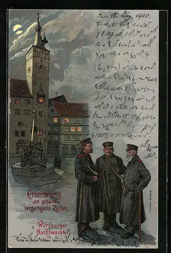 Lithographie Würzburg, Nachtwächter auf dem Marktplatz