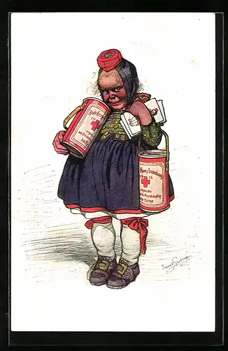 Künstler-AK Emil Beithan: Unansehnlich dargestelltes Mädchen mit Spendenbüchse des Roten Kreuzes