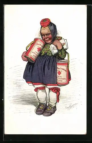 Künstler-AK Emil Beithan: Unansehnlich dargestelltes Mädchen mit Spendenbüchse des Roten Kreuzes