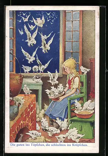 Künstler-AK Fritz Baumgarten: Aschenputtel lässt sich von den Tauben zur Hand gehen