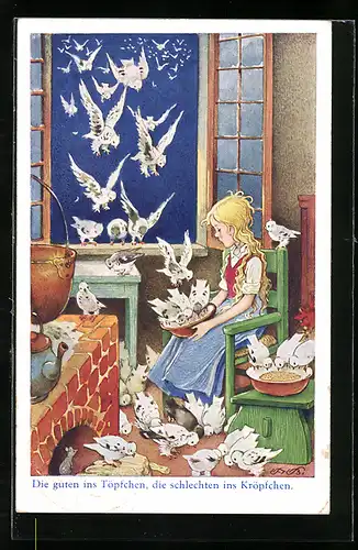 Künstler-AK Fritz Baumgarten: Aschenputtel lässt sich von den Tauben zur Hand gehen
