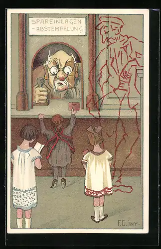 Künstler-AK Kinder bei der Spareinlagen-Abstempelung