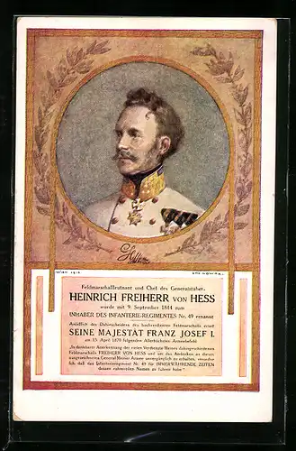 AK Heinrich Freiherr von Hess, Gest. 1870, S. M. Franz Josef I. von Österreich erhebt Allerhöchsten Armeebefehl