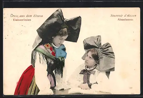 AK Gruss aus dem Elsass, Elsässerinnen in Tracht beim Gespräch