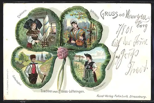 Passepartout-Lithographie Elsässerin, Lothringerin, Schleithälerin im Kleeblatt