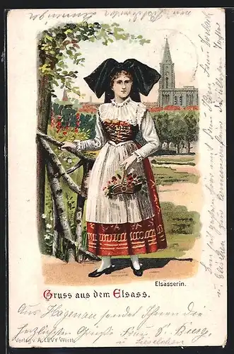 Lithographie Frau in elsass-lothringischer Tracht mit Blumenkorb
