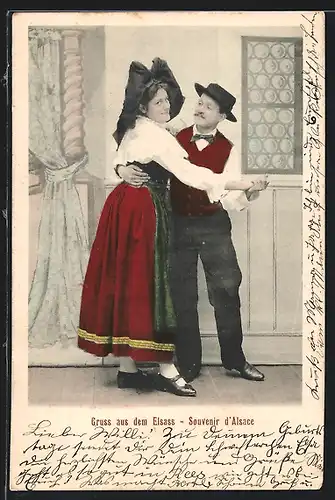 AK Gruss aus dem Elsass, Paar beim Tanz in elsässischer Tracht