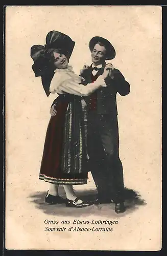 AK Gruss aus Elsass-Lothringen. Paar beim Tanz in elsass-lothringischer Tracht