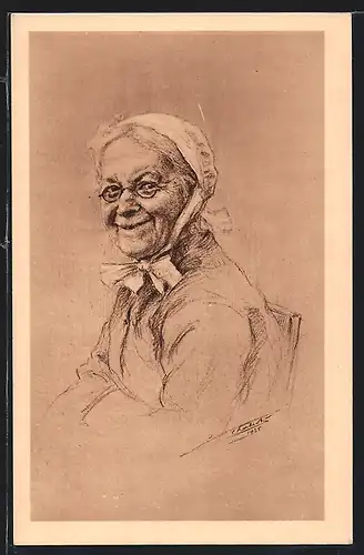 Künstler-AK Tetes de Lorraine, Alte lächelnde Lothringerin in Tracht