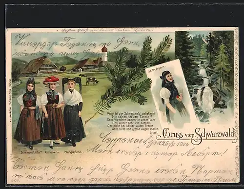 Lithographie Damen in Schwarzwälder Tracht