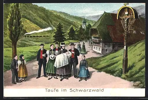 Künstler-AK Schwarzwald, Taufe, Menschen in Schwarzwälder Tracht