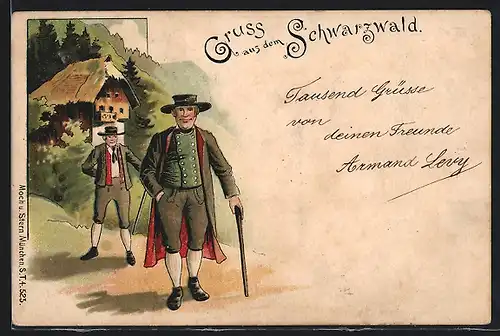 Lithographie Schwarzwald, Zwei Männer in Schwarzwälder Tracht