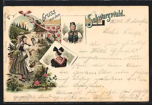 Lithographie Schwarzwald, Frau in Schwarzwälder Tracht mit Kind