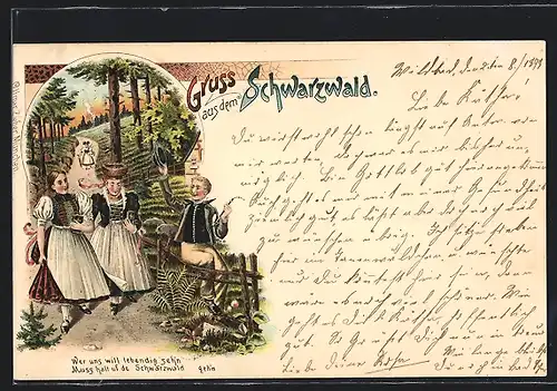 Lithographie Schwarzwald, Junger Mann und Frauen in Schwarzwälder Tracht