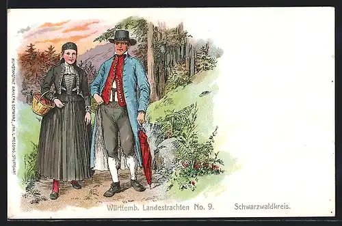 Künstler-AK Paar in Schwarzwälder Tracht beim Spazierengehen