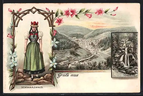 Lithographie Schwarzwald, Panorama, Wasserfall, Frau in Schwarzwälder Tracht
