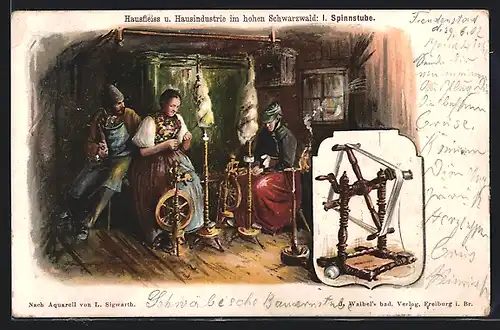 AK Schwarzwälder Familie in der Spinnstube in Tracht