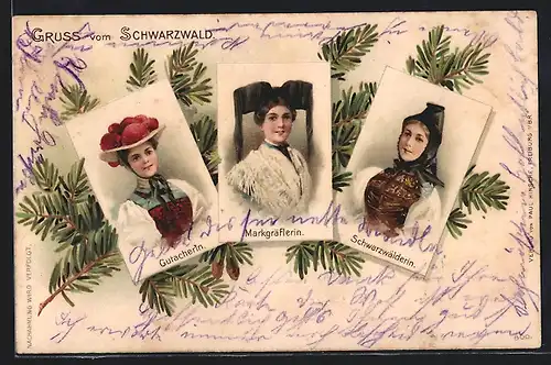Lithographie Markgräflerin, Gutacherin und Schwarzwälderin in Trachten, Tannenzweig