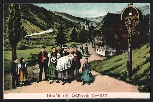 Künstler-AK Schwarzwald, Taufe, Menschen in Schwarzwälder Tracht