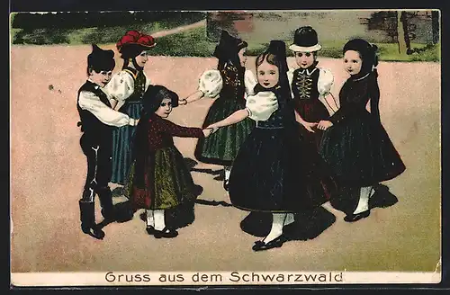 Künstler-Präge-AK Schwarzwald, Tanzende Kinder in Schwarzwälder Tracht