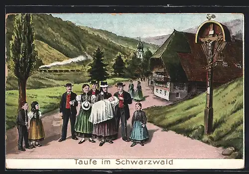 Künstler-AK Schwarzwald, Taufe, Menschen in Schwarzwälder Tracht